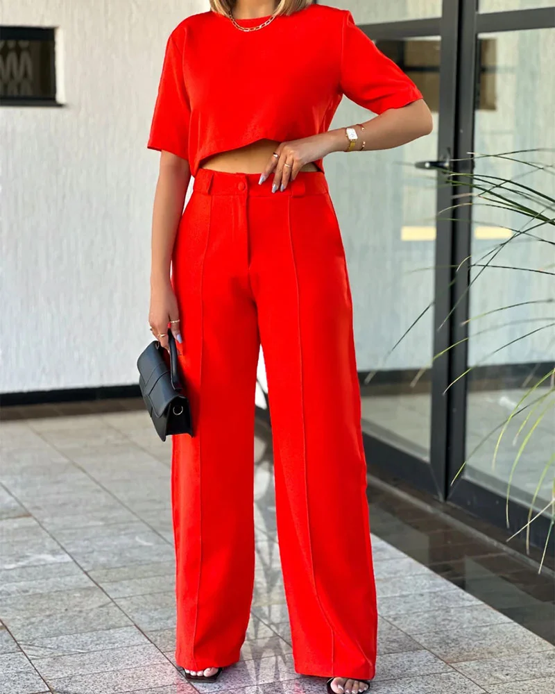 Jessica - Round Neck Short Sleeve Top Pants Solid Color Two-Piece Suit