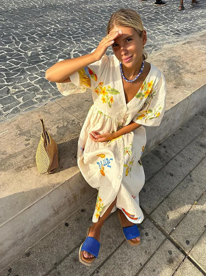Melissa - Printed linen midi dress