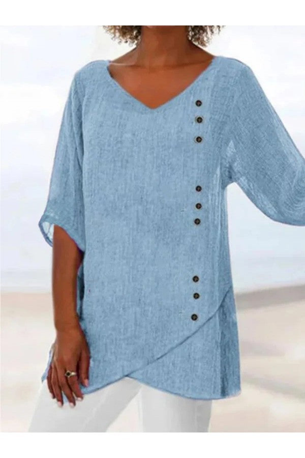 Camila - Blue Casual V-Neck Half Sleeve Solid Button Down Blouse