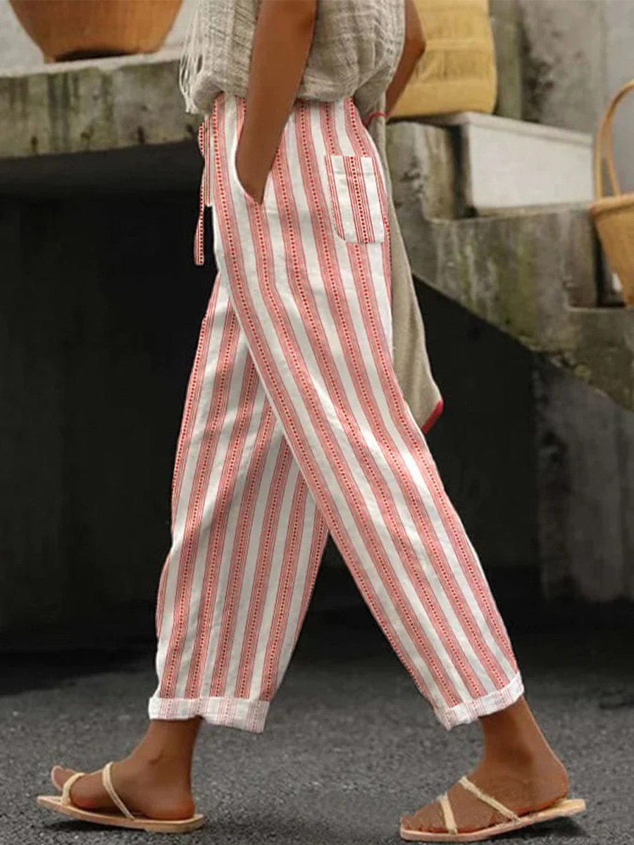Alba - Ethnic striped trousers with drawstring, elastic waist and loose fit