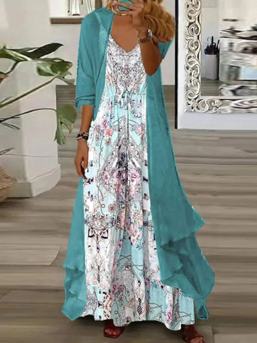 Andrea - Chic green maxi dress with outer coat