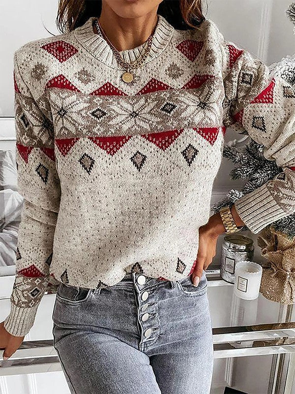 Kajsa - Casual Long Sleeve Peach Geometric Print Sweater