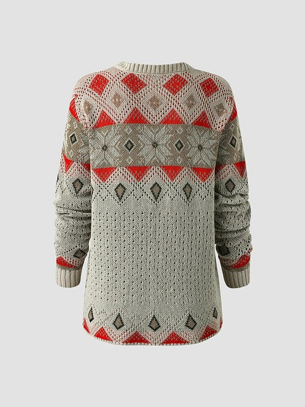 Kajsa - Casual Long Sleeve Peach Geometric Print Sweater