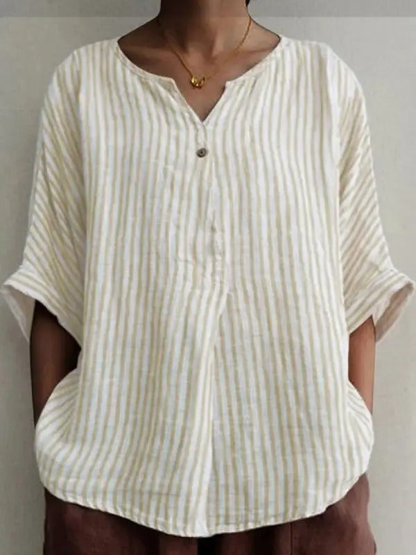 Angela - Apricot White Casual V Neck Striped Printed Half Sleeve Blouse