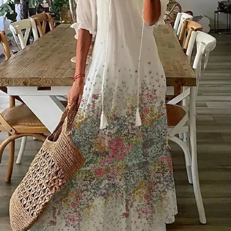Delia - Women's Dresses Long V-neck Half Sleeve Dress with Beard Print