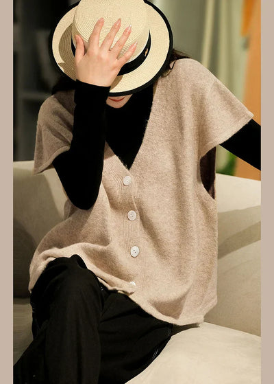 Beige Button-Down Vest with V-Neck - Short Sleeves