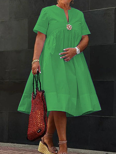 Emma - Holiday Floral Brooch Loose Plain Midi Dress