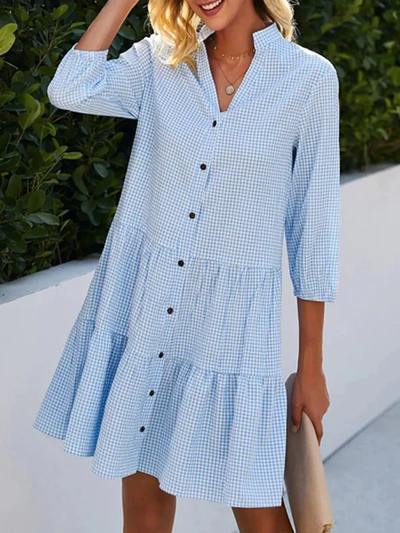 Rebecca - Loose A-line shirt dress with button placket and plaid print and high neckline