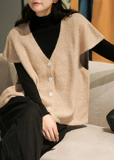 Beige Button-Down Vest with V-Neck - Short Sleeves