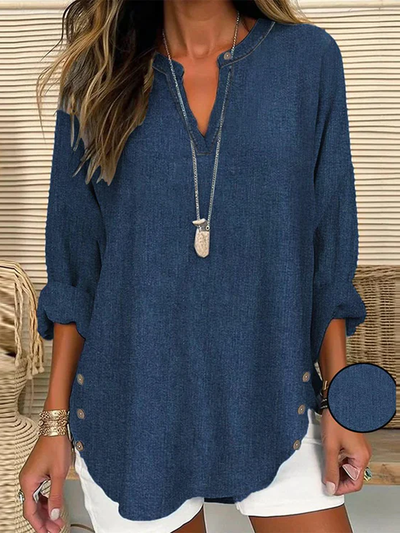 Daniela - Women's Long Sleeve Blouse Spring/Autumn Simple Buckle Notched Everyday Going Out Casual Top Blue