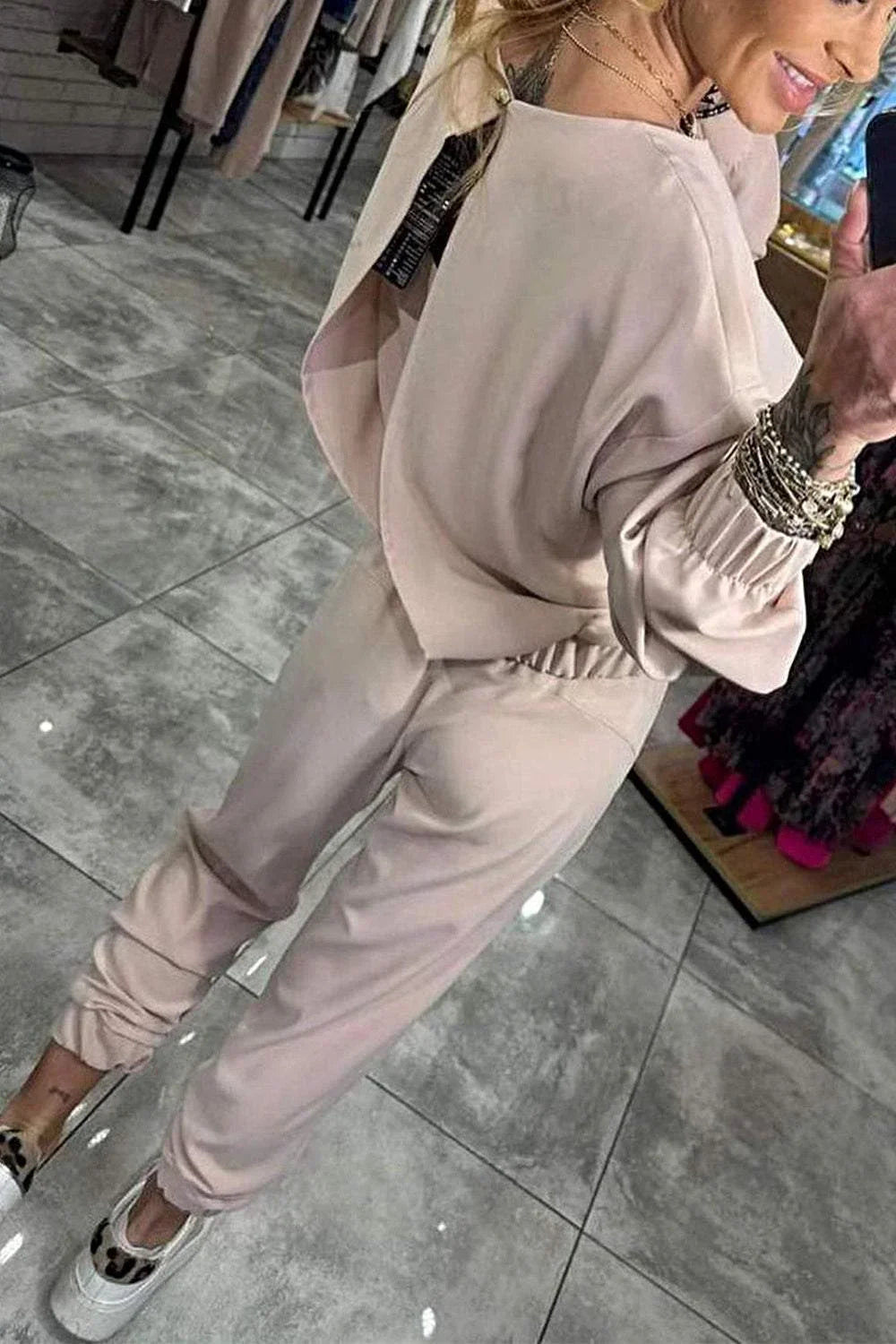 Women's Two-Piece Set - Solid Color Shirt and Pants