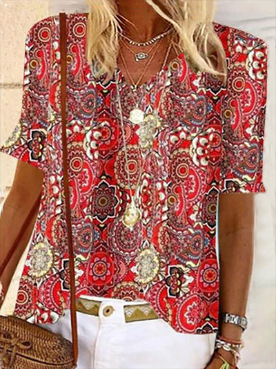 Diana - Women's 3/4 Sleeve V-Neck Abstract Floral Colorful Summer Blouse