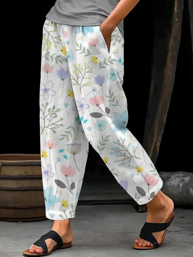 Fiona - Women's Casual Loose Floral Print Elastic Waist Drawstring Pants