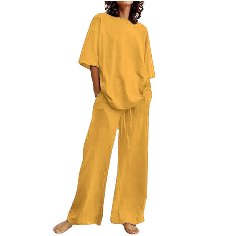 Frida - Casual Set with Belt and Pockets, Half-Sleeve Round Neck Top and Wide-Leg Pants