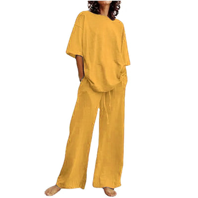 Frida - Casual Set with Belt and Pockets, Half-Sleeve Round Neck Top and Wide-Leg Pants