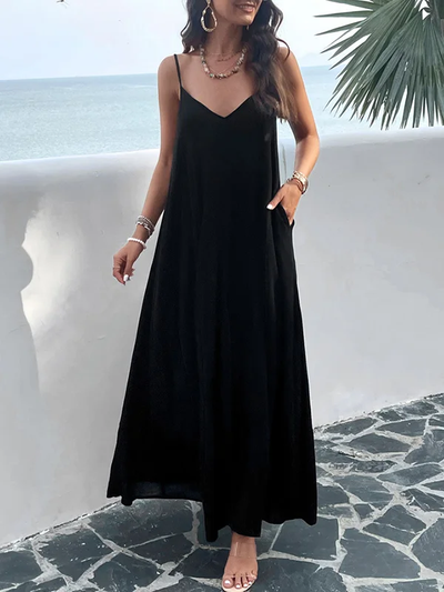 Heidy - Women's Loose Sleeveless Pleated Solid Color Split Spaghetti Neckline Long Dresses