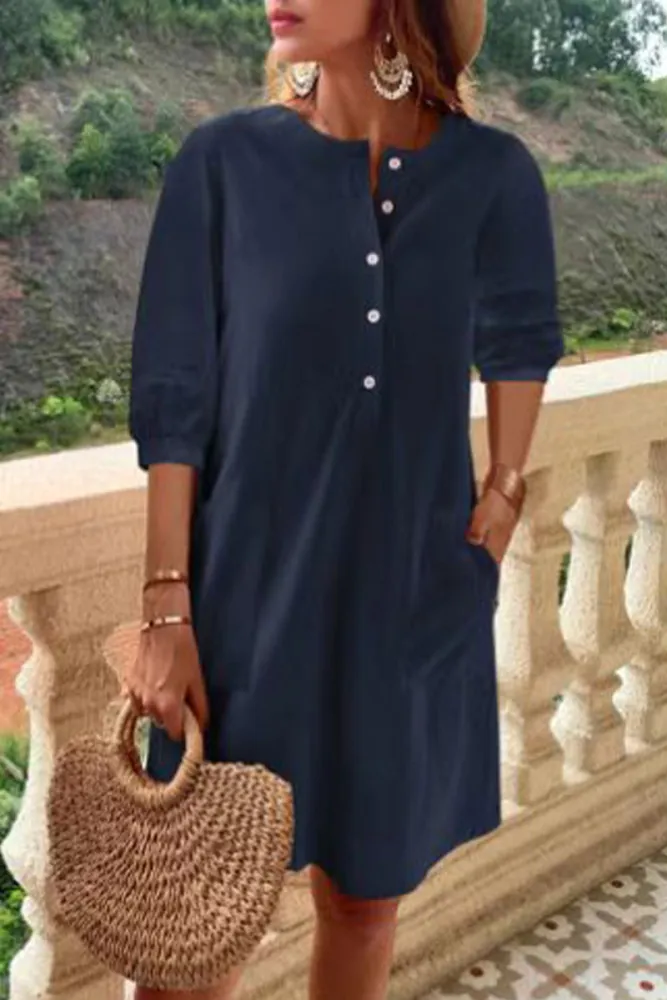 Indira - Casual and Simple Dresses with Fixed Pocket Buckle and A-Line O-Neckline