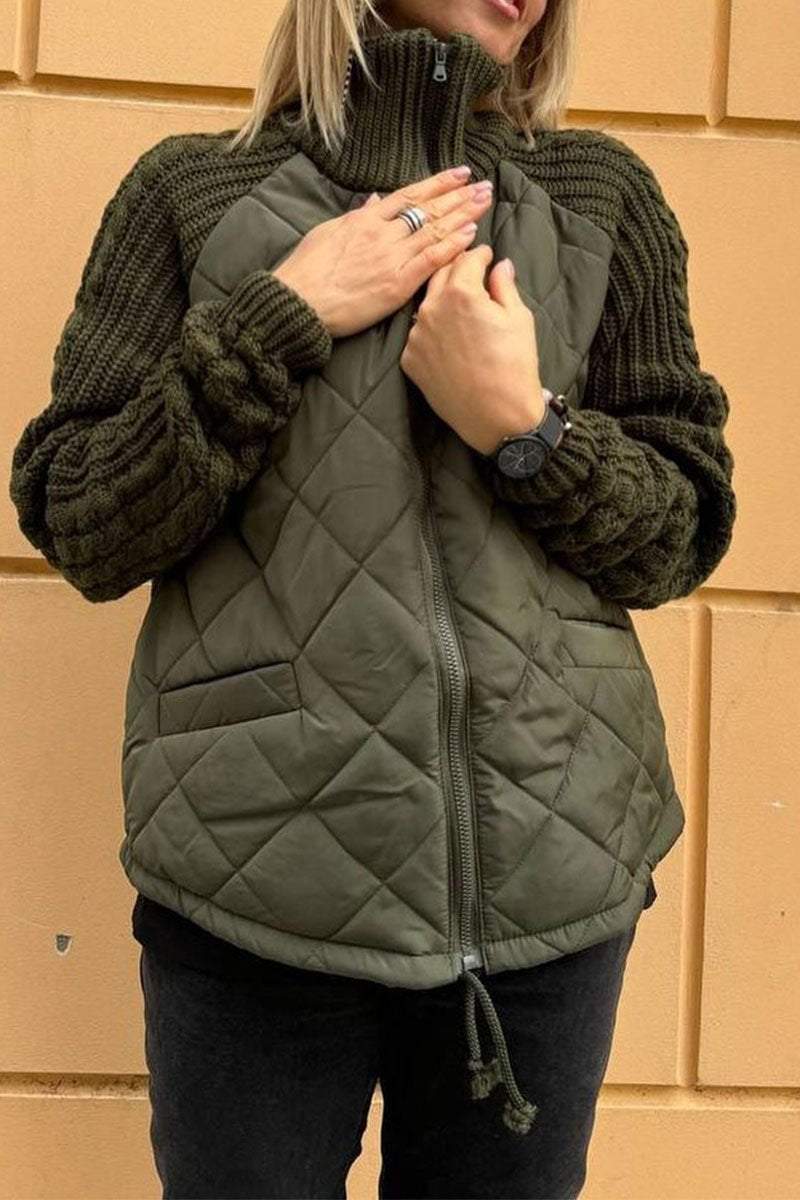Women's Casual Solid Color Zipper Jacket with Patchwork Details