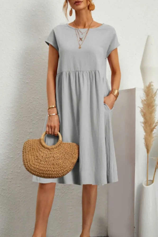 Melanie - Casual Solid Patchwork Dress with O-Neck and Short A-Line Sleeves