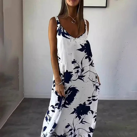 Long sleeveless dress with floral print, ideal for sunny days