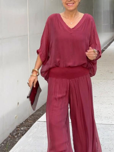 Marta - Elegant two-piece set with wide chiffon pants