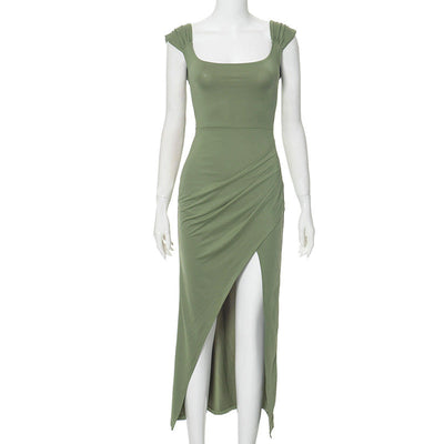 Long sleeveless dress with square neckline and elegant side slit