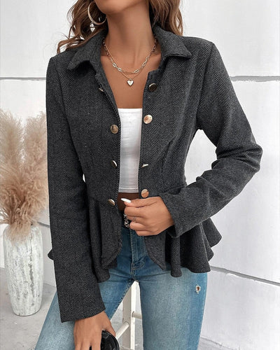 Elegant Button-Down Blazer with Striped Ruffle Hem, Slim Fit