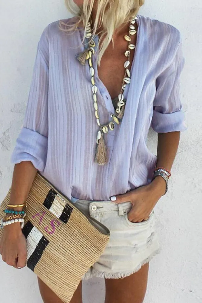 Janna - Striped Button-Down V-Neck Tops by Street