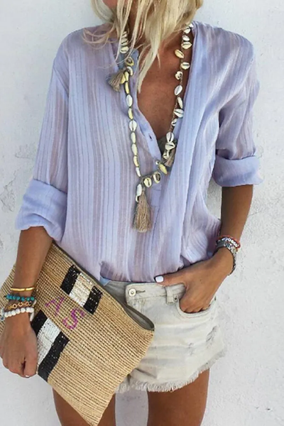 Janna - Striped Button-Down V-Neck Tops by Street