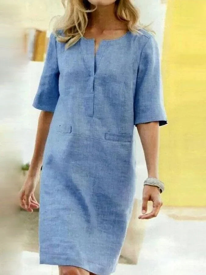 Linda - Women's Cotton Linen Short Sleeve Dress