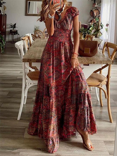 Linda - Full Size Smocked Print V-Neck Short Sleeve Dress