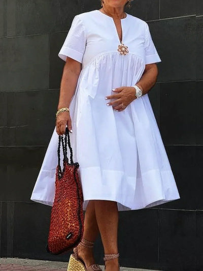 Emma - Holiday Floral Brooch Loose Plain Midi Dress