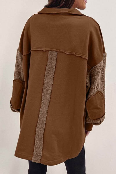 Brown Oversized Overshirt Jacket with Exposed Seams and Elbow Patch