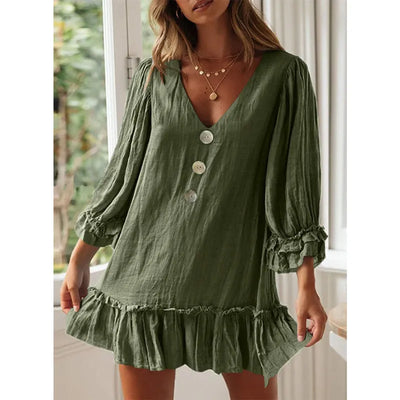 Mia - Casual V-neck flared sleeve dress with scallop trim