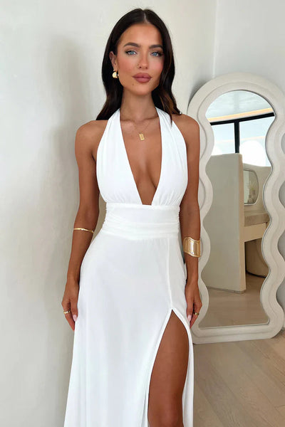 Elegant long dress with open back and side slit