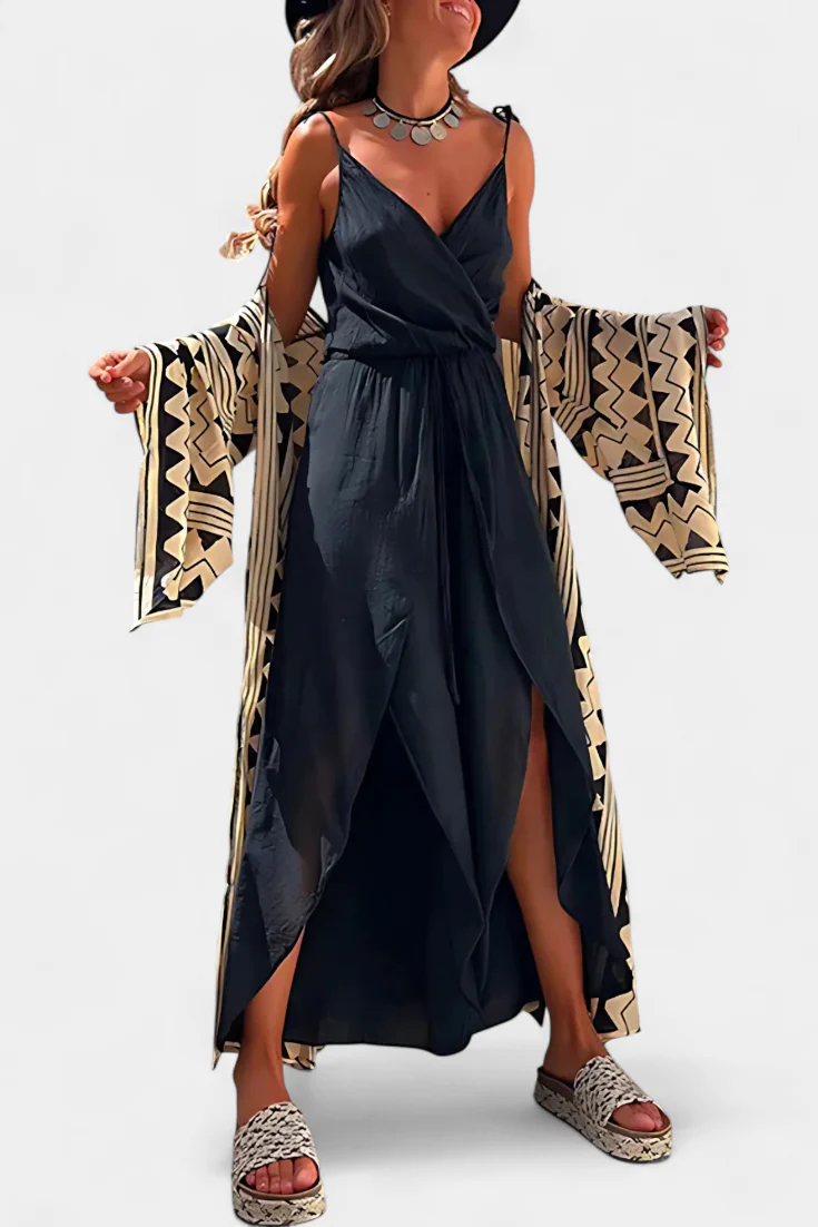 Lightweight long jumpsuit with thin straps, V-neckline and leg slits