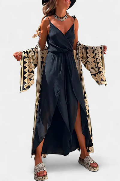 Lightweight long jumpsuit with thin straps, V-neckline and leg slits