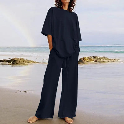 Frida - Casual Set with Belt and Pockets, Half-Sleeve Round Neck Top and Wide-Leg Pants