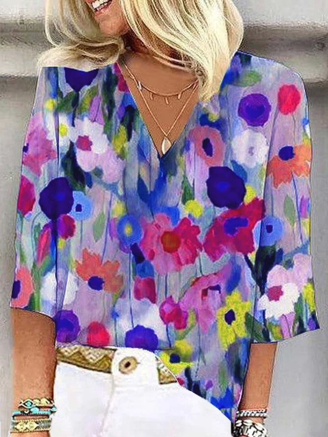 Diana - Women's 3/4 Sleeve V-Neck Abstract Floral Colorful Summer Blouse