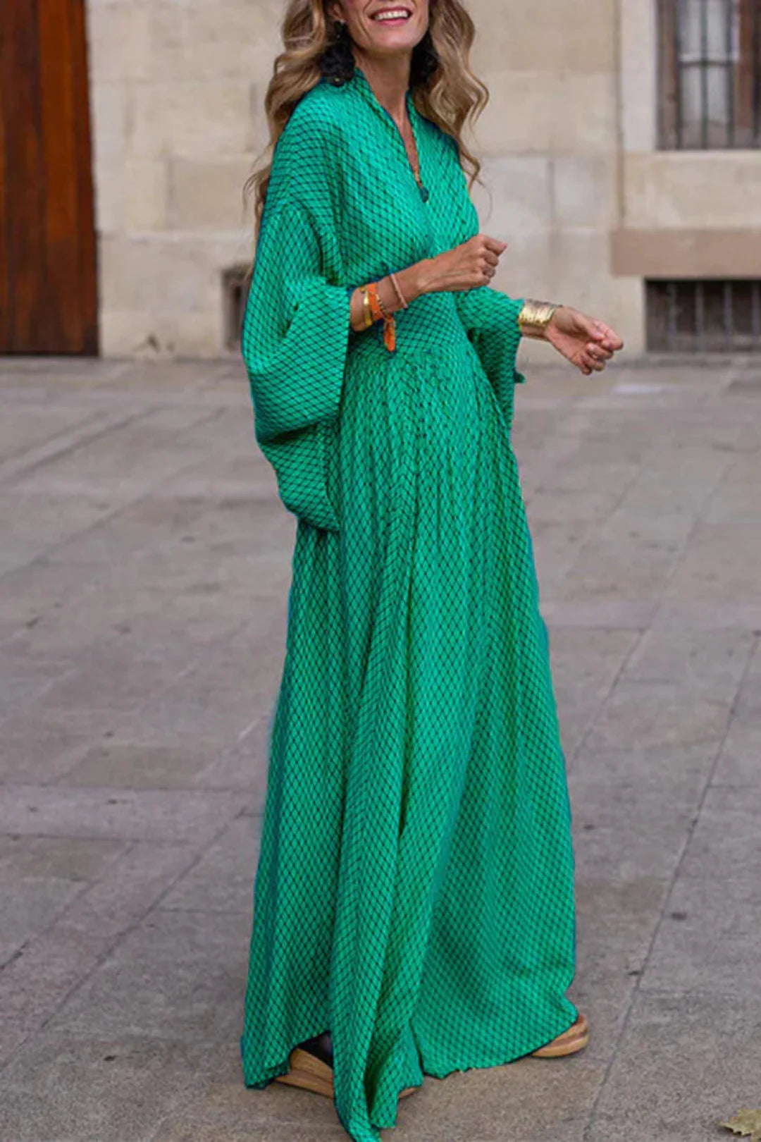 Gemma - Long Sleeve Maxi Dress with V Neck and Geometric Print