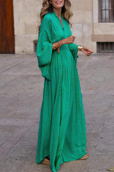 Gemma - Long Sleeve Maxi Dress with V Neck and Geometric Print