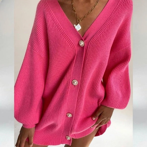 Women's Oversized Cardigan with Heart Buttons: Warm Knitted Sweater for Fall and Winter