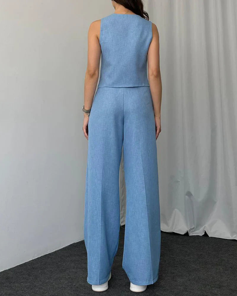Helena - Solid color casual vest two-piece set.