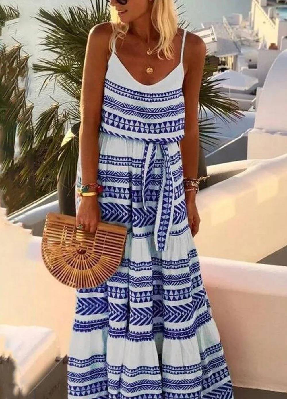 Helena - Bohemian geometric print V-neck strap dress
