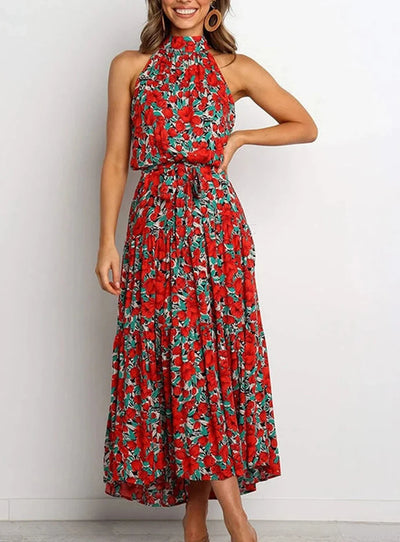 Evelyn - Long printed dress with bow at the waist