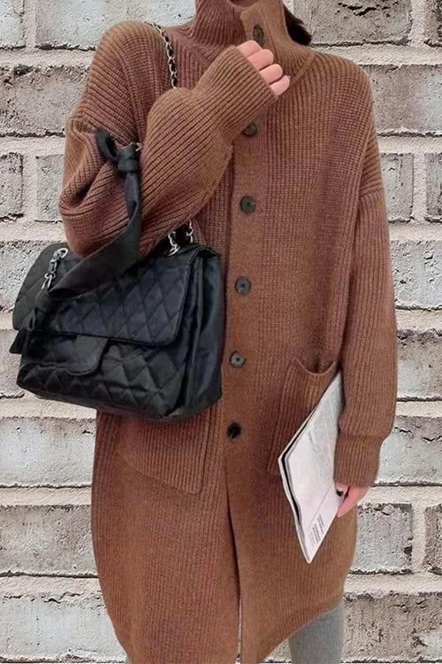 Women's Long Button-Down Cardigan with Collar and Pockets - Layered Sweater