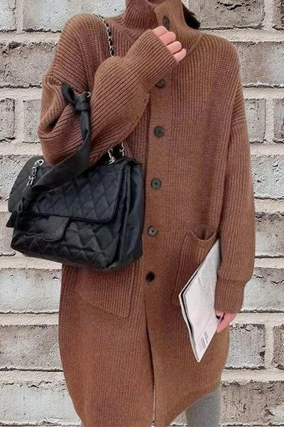 Women's Long Button-Down Cardigan with Collar and Pockets - Layered Sweater