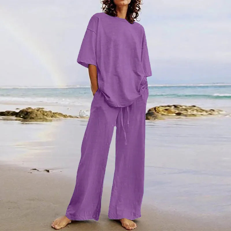 Frida - Casual Set with Belt and Pockets, Half-Sleeve Round Neck Top and Wide-Leg Pants