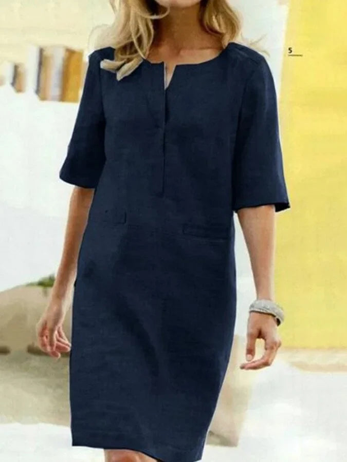 Linda - Women's Cotton Linen Short Sleeve Dress