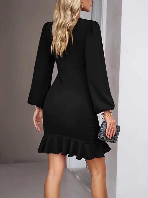 Mini dress with round neck, elegant ruffles, side slit and loose puff long sleeves